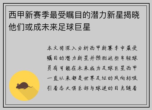 西甲新赛季最受瞩目的潜力新星揭晓他们或成未来足球巨星 西甲新赛季最受瞩目的潜力新星揭晓他们或成未来足球巨星